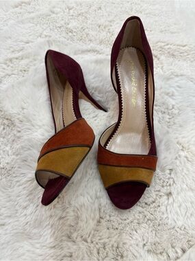 Suede Peep-Toe Pumps in Burgundy with Rust & Mustard Accents